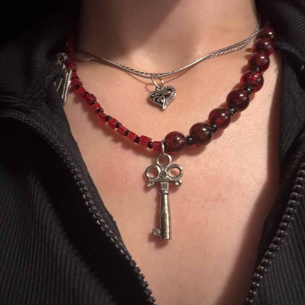 Handmade Chunky Assymetrical Red Beaded Necklace w/ Silver Key Pendant
